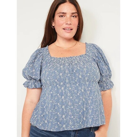 Old Navy Tops - NWT Old Navy Womens Embroidered Smocked square neck Puff Sleeve Babydoll Top
